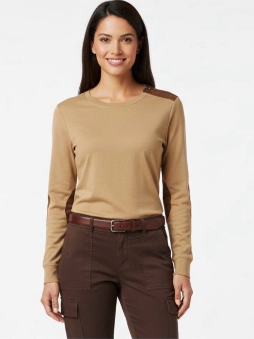Ralph Lauren Camel Long-Sleeve Crewneck Top with Brown Details